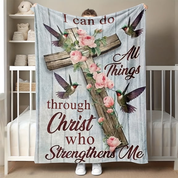 Luxury Four Seasons Blanket with Wood Grain Cross, Hummingbird & Floral Verse Design - Soft 30s Yarn (30-Supported) for all-Season Cozy Bedspread, Decor, Gift - Contemporary Religious Pattern in