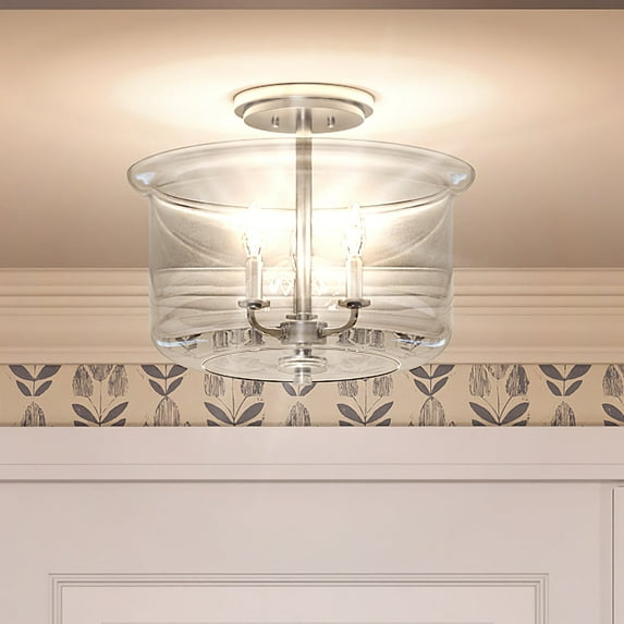 Luxury French Country Indoor Ceiling Light, 11.875''H x 13.75''W, with English Country Style Elements, Colonial Design, Brushed Nickel Finish and Clear Seeded, UHP3730
