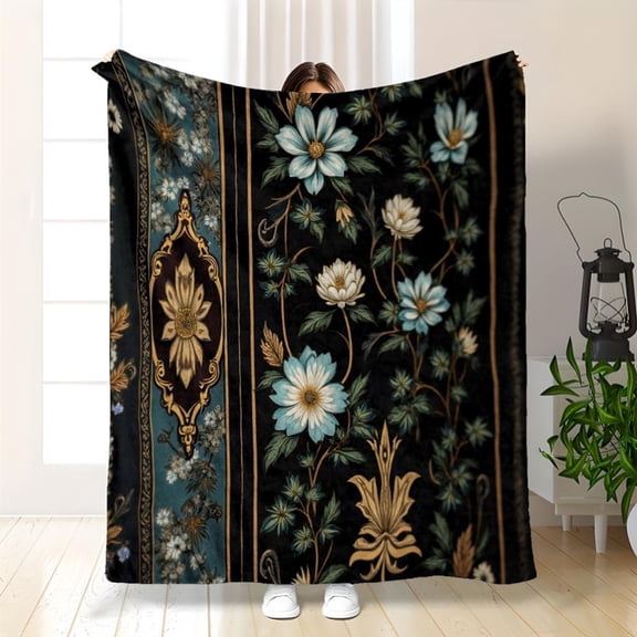 Luxury French Style Dragon Floral Flannel Throw Blanket - Dark Green Black Gold Teal with Botanical Patterns, All-Season Soft Bedspread for Sofa Bed Car
