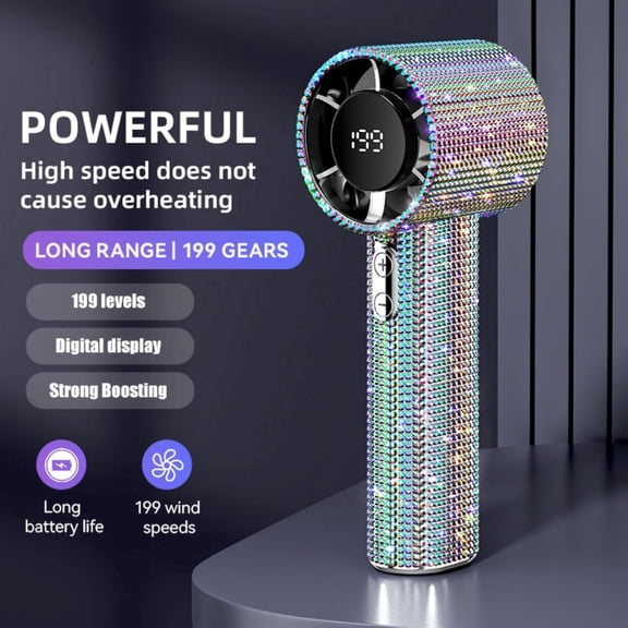 Luxury Full Diamond Handheld Mini Fan, 199 Speed Modes with Smart Digital Display, USB-C Rechargeable Turbo Personal Fan, Sparkling Summer Gift for Women | Rainbow Brilliance