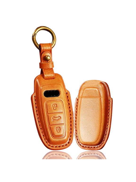 Luxury Full-Protection Leather Key Fob Cover with Type C Keychain for Audi A6 A7 A8 Q7 Q8 C8 E-Tron 2020 Keyless Entry Remote Keychain (Type C)