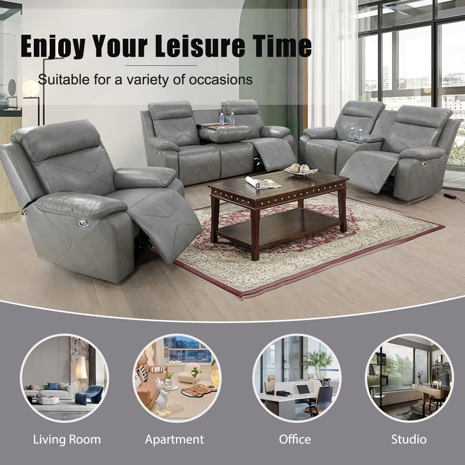 Ainehome Power Recliner Sectional Sofa Set - Electric Reclining Loveseat & Chair With Cup Holders, Reading Lights, Black Leather