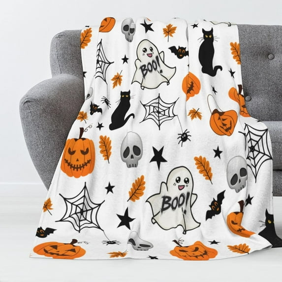Luxury Fuzzy Halloween Blanket Pumpkin Ghosts Bat Spider Web Cat Maple Leaf Throw Blanket for Couch Lightweight Cozy Soft and Warm Plush Throws Blankets for Sofa Bed Living Room in Fall 60"x50"