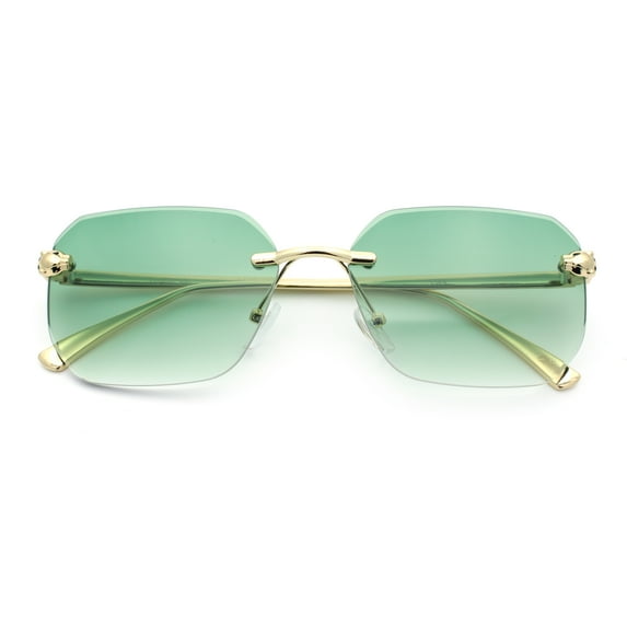 Luxury Gangster Bevel Rectangle Rimless Jaguar Hinge Showy Sunglasses Gold - Green