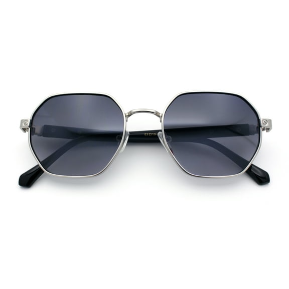 Luxury Gangster Octagonal Retro Refined Gentlemans Metal Rim Sunglasses Silver - Smoke