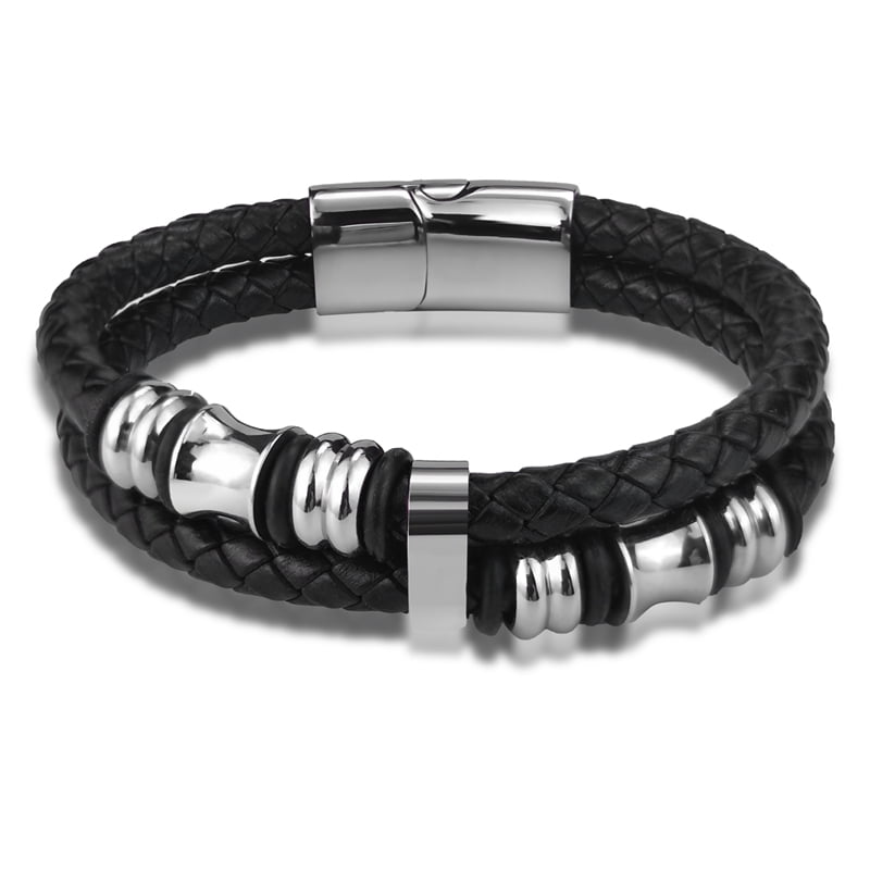 Luxury Genuine Black Leather Beads Bracelet For Men Stainless Steel ...