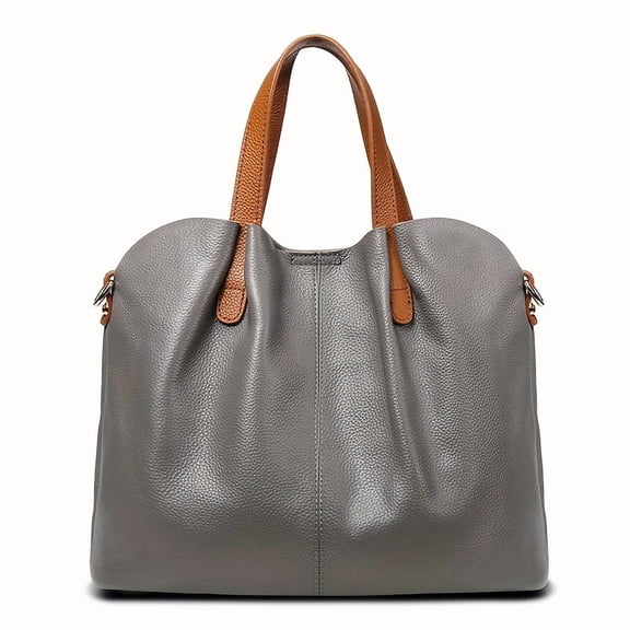 Luxury Genuine Genuine Leather Tote Bag for Women - Large Capacity, Two-Tone Gray with Brown Genuine Leather Accents, Zipper Closure, Crossbody & Shoulder Purse