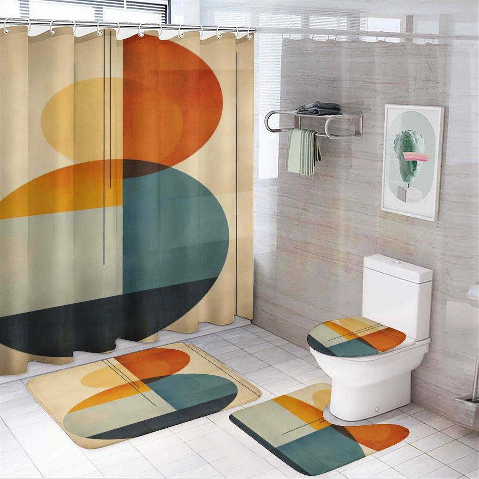 Luxury Geometric 4PCS Shower Curtain Sets with Rugs with Non-Slip Bath Mat Toilet Rug，72" X 72"