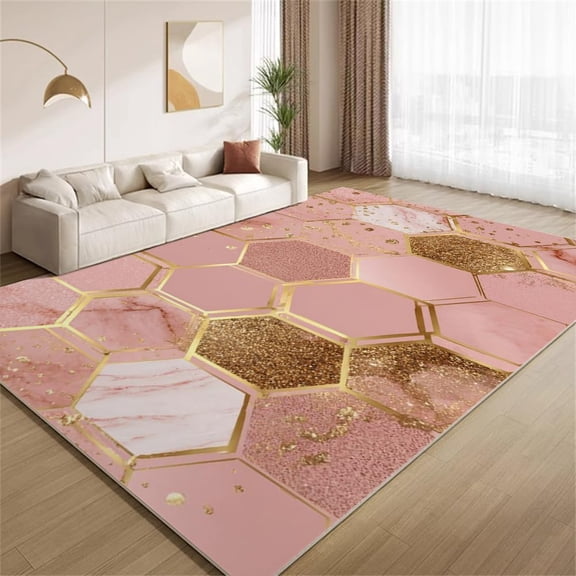 Luxury Geometric Area Rugs, Pink Gold Hexagon Carpet, Washable Non Slip Low Pile Soft Rug for Living Room Bedroom Office Decor Mat 2ftx3ft