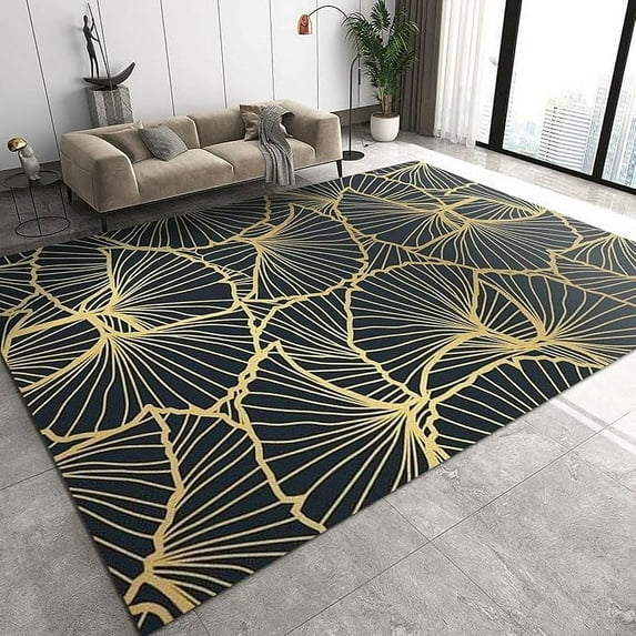Luxury Geometric Black Gold Line Art Area Rug, Modern Gold Striped Ginkgo Plant Indoor Kids Rugs, Machine Washable Breathable Durable Carpet For Front Entrance Floor Decor 2 x 3ft