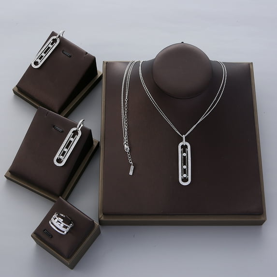 Luxury Geometry Double Long Chain Stackable Pendant Necklace Earring Ring Set Full Cubic Zircon Charm Women Jewelry Gift EH604
