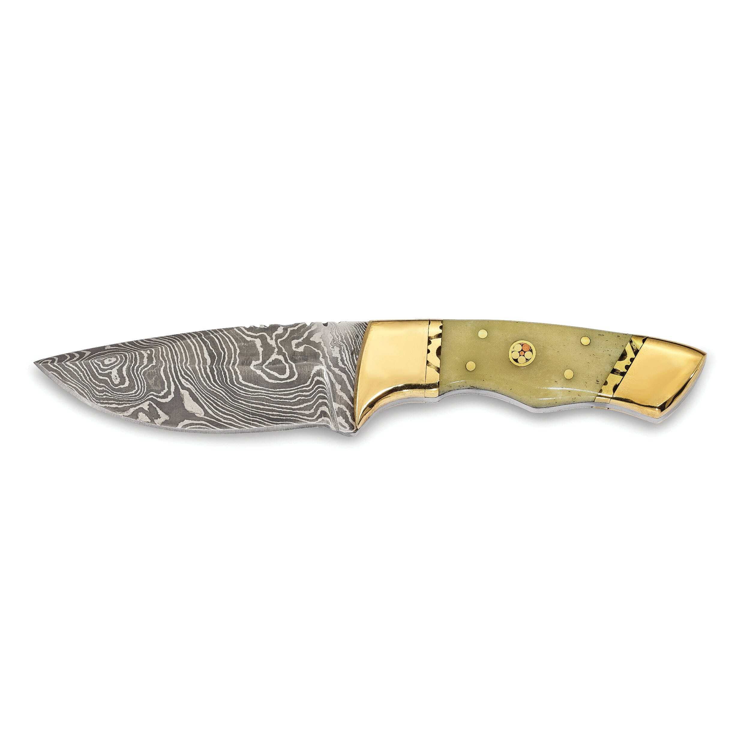 Luxury Giftware Damascus Steel 256 Layer Fixed Blade Camel Bone Handle Hunting Knife with Leather Sheath and Gift Box QKN31340