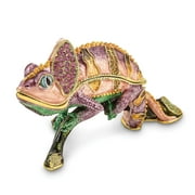 Luxury Giftware Pewter Bejeweled Crystals Gold-tone Enameled CAMILLE Chameleon Trinket Box with Matching 18 Inch Necklace Q-BJ4060