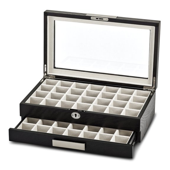Luxury Giftware by Jere Matte Black Finish Glass Lid 1-Drawer Locking Wood Composite 56-section Earring / Cuff Link Box QJJB459
