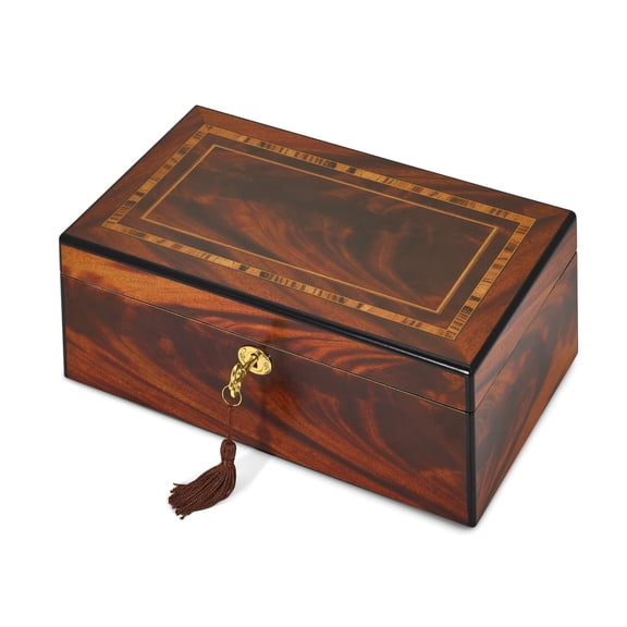 Luxury Giftware by Jere Matte Finish Tiger Wood Veneer with Inlay Design Locking Wooden Jewelry Box QJJB353SP