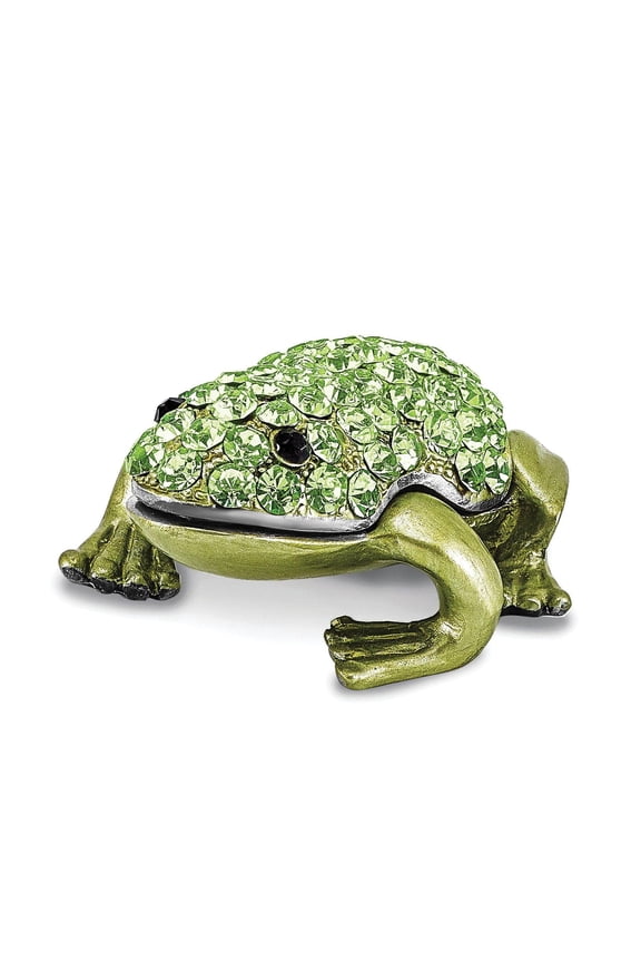 Pewter Bejeweled Crystals Silver-tone Enameled HOPPER Small Green Frog Trinket Box with Matching 18 Inch Necklace QBJ4095