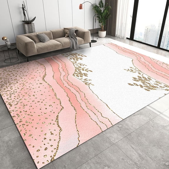 Luxury Girly Pink Gold Irregular Stripes Art Area Rug, Nordic Abstract Palm Leaves Rug, Cozy Non-Slip Breathable Washable Thin Mat For Living Room Bedroom Entryway Girls Room 4x6ft