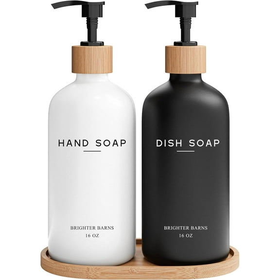Luxury Glass Hand and Dish Soap Dispenser Set by  - Kitchen Soap Dispenser Set with Tray - Bamboo Pump Bottle for Kitchen Sink - Boho Home Decor, Modern Decor in Restaurant (Black/White)