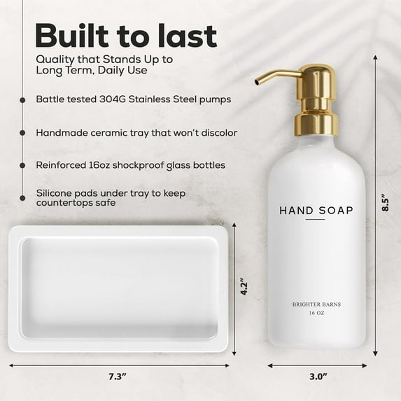 Luxury Glass Soap Dispenser Set with Tray - White and Gold Bathroom Accessories