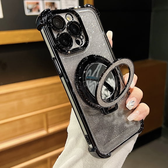 Luxury Glitter Bling Case for Apple iPhone 11 Pro, Stylish Case Cover with Makeup Mirror Corner Protective Grip Ring Kicksktand Camera Lens Protective Phone Case for Girls Women, Black