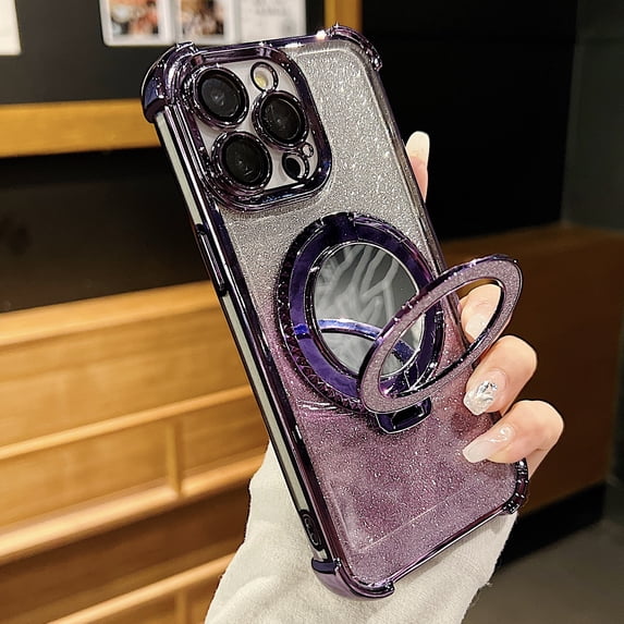 Luxury Glitter Bling Case for Apple iPhone 13 Pro Max, Stylish Case Cover with Makeup Mirror Corner Protective Grip Ring Kicksktand Camera Lens Protective Phone Case for Girls Women, Darkpurple
