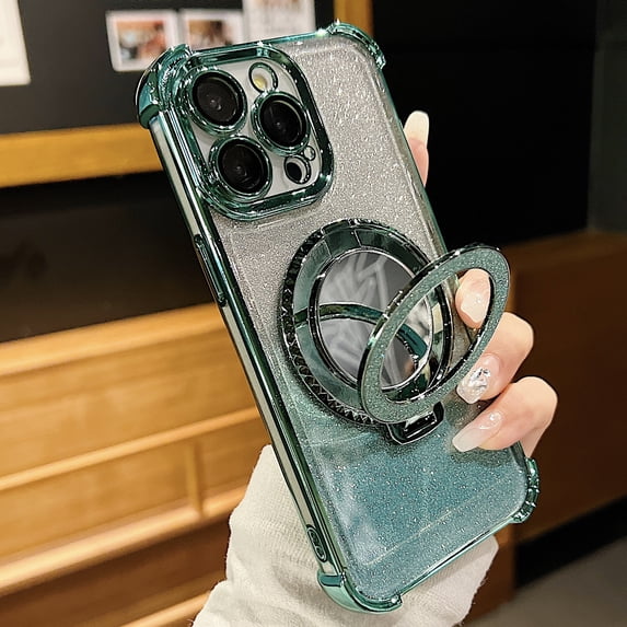 Luxury Glitter Bling Case for Apple iPhone 14 Plus, Stylish Case Cover with Makeup Mirror Corner Protective Grip Ring Kicksktand Camera Lens Protective Phone Case for Girls Women, Green