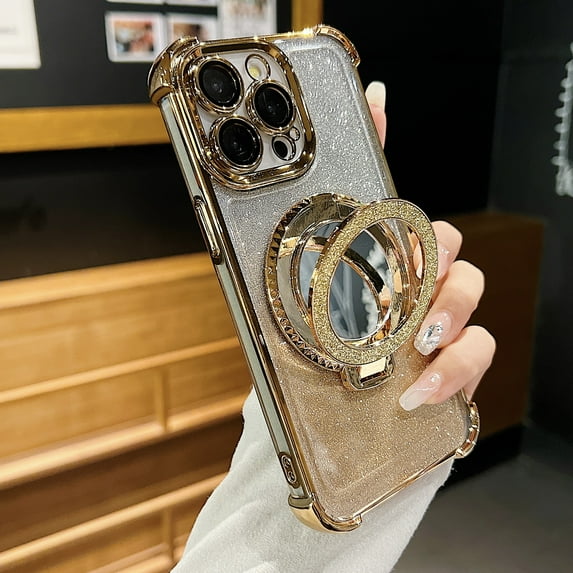 Luxury Glitter Bling Case for Apple iPhone 14 Plus, Stylish Case Cover with Makeup Mirror Corner Protective Grip Ring Kicksktand Camera Lens Protective Phone Case for Girls Women, Gold
