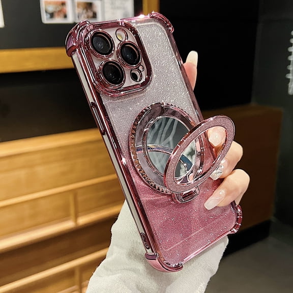 Luxury Glitter Bling Case for Apple iPhone 17 Pro Max, Stylish Case Cover with Makeup Mirror Corner Protective Grip Ring Kicksktand Camera Lens Protective Phone Case for Girls Women, Pink
