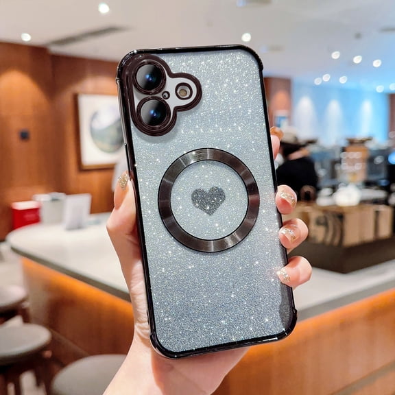 Luxury Glitter Case Compatible with MagSafe For iPhone 16 Plus, Cute Heart Design Gradient Sparkly Bling Magnetic Cover Shockproof Slim Fashion Protective Case for Women Girls,Black