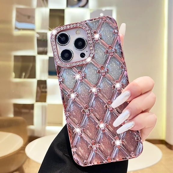 Luxury Glitter Diamond Case for iPhone 17 Pro, Shiny Plating Slim Shockproof Anti-Scratch Soft TPU Protective Cover, Sparkly Phone Case for Women and Girls Wireless Charging, Pink