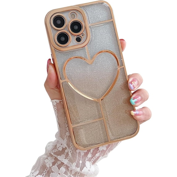 Luxury Glitter Electroplate Love Heart Sparkle Phone Case Lens Protective Cover Compatible with iPhone 15, Glod