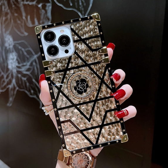 Luxury Glitter Gold Phone Case for iPhone 14 15 Pro Max 13 12 11 XS XR X 8 7 Plus iPhone15 Women Ring Holder Original Back Cover