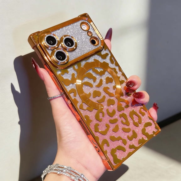 Luxury Glitter Leopard Print Case for iPhone 17, Magnetic Compatible with MagSafe Case for Women Girls, Bling Sparkle Cheetah Pattern Plating Edge Shockproof Cover,Orange