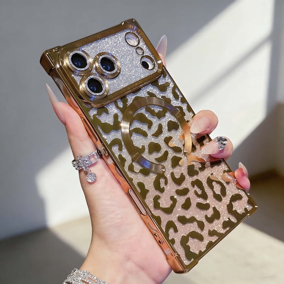 Luxury Glitter Leopard Print Case for iPhone 17 Pro, Magnetic Compatible with MagSafe Case for Women Girls, Bling Sparkle Cheetah Pattern Plating Edge Shockproof Cover,Gold