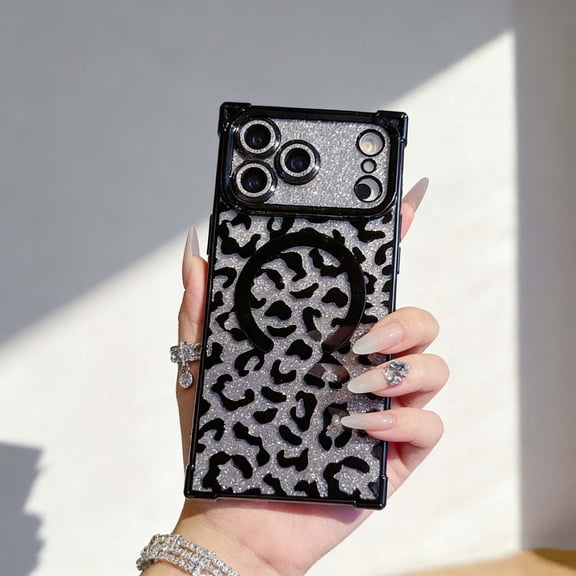 Luxury Glitter Leopard Print Case for iPhone 17 Pro Max, Magnetic Compatible with MagSafe Case for Women Girls, Bling Sparkle Cheetah Pattern Plating Edge Shockproof Cover,Black