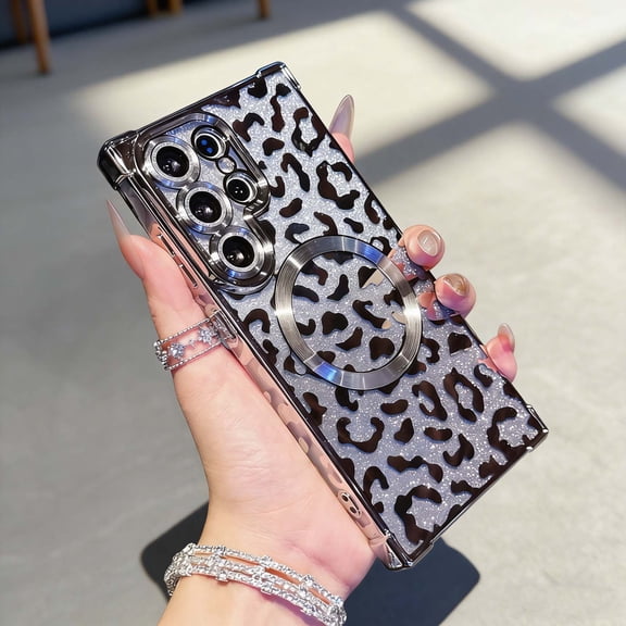 Luxury Glitter Leopard Print Case for iPhone 17 Pro Max, Magnetic Compatible with MagSafe Case for Women Girls, Bling Sparkle Cheetah Pattern Plating Edge Shockproof Cover,Silver