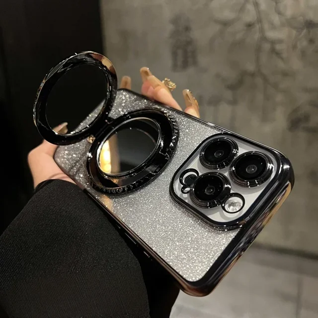 Luxury Glitter Mirror Stand Case for iPhone 16 15 14 13 12 Pro Max 11 X Xr XsMax 7 8 Plus Bracket Gradient Make Up Plating Cover