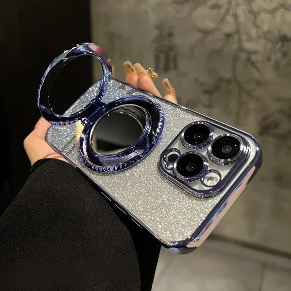 Luxury Glitter Mirror Stand Case for iPhone 16 15 14 13 12 Pro Max 11 X Xr XsMax 7 8 Plus Bracket Gradient Make Up Plating Cover Blue for iPhone 13 ProMax