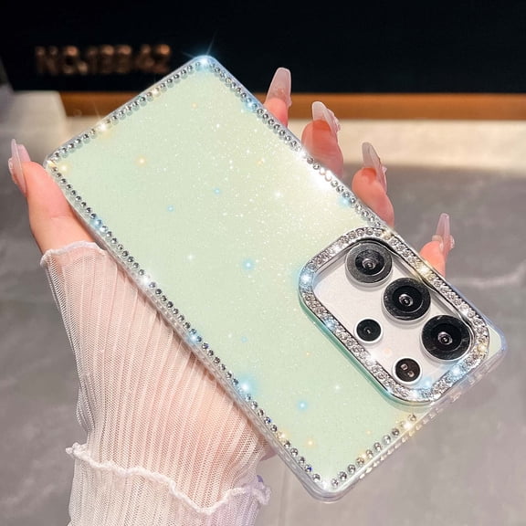 Luxury Glitter Phone Case For Samsung Galaxy A26 5G,Bling Diamond Rhinestone Frame&Lens Ring Design,Military-Grade Protection,Cute Glitter Bling Sparkle Diamond Shockproof Phone Case,Light Green