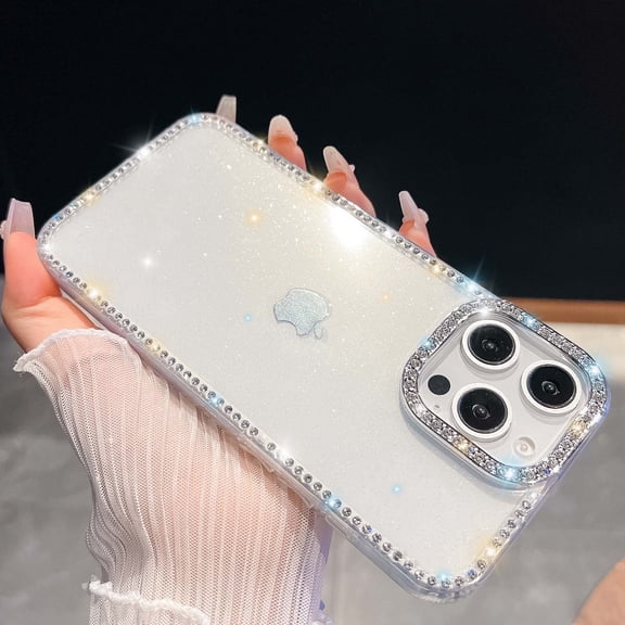 Luxury Glitter Phone Case For iPhone 16,Bling Diamond Rhinestone Frame&Lens Ring Design,Military-Grade Protection,Cute Glitter Bling Sparkle Diamond Shockproof Phone Case,Clear