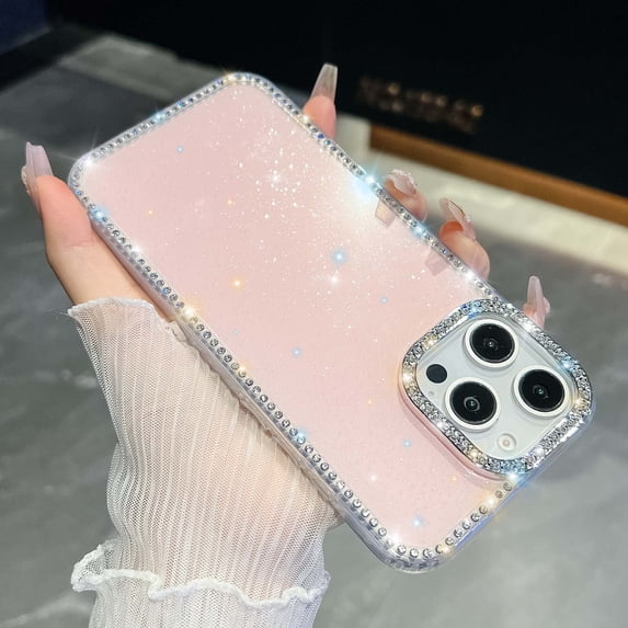 Luxury Glitter Phone Case For iPhone 16 Pro Max,Bling Diamond Rhinestone Frame&Lens Ring Design,Military-Grade Protection,Cute Glitter Bling Sparkle Diamond Shockproof Phone Case,Light Pink