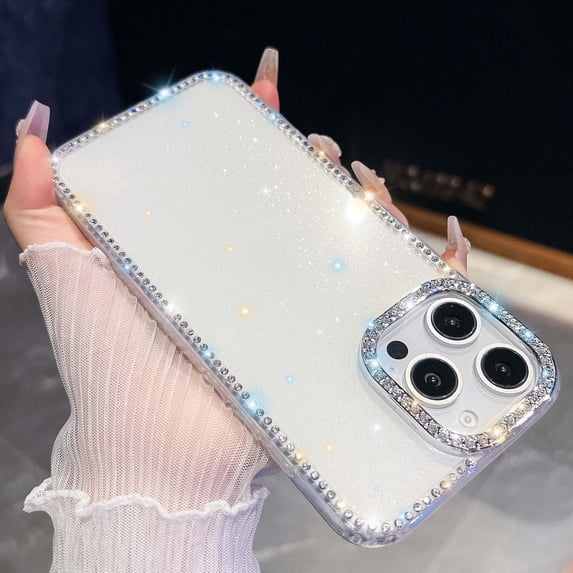 Luxury Glitter Phone Case For iPhone 16 Pro Max,Bling Diamond Rhinestone Frame&Lens Ring Design,Military-Grade Protection,Cute Glitter Bling Sparkle Diamond Shockproof Phone Case,White