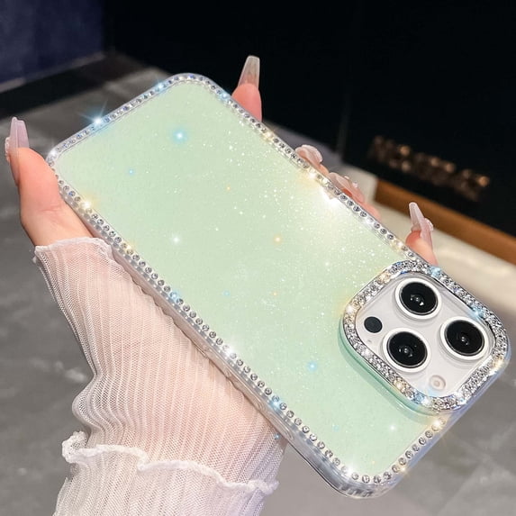Luxury Glitter Phone Case For iPhone 16 Pro Max,Bling Diamond Rhinestone Frame&Lens Ring Design,Military-Grade Protection,Cute Glitter Bling Sparkle Diamond Shockproof Phone Case,Light Green
