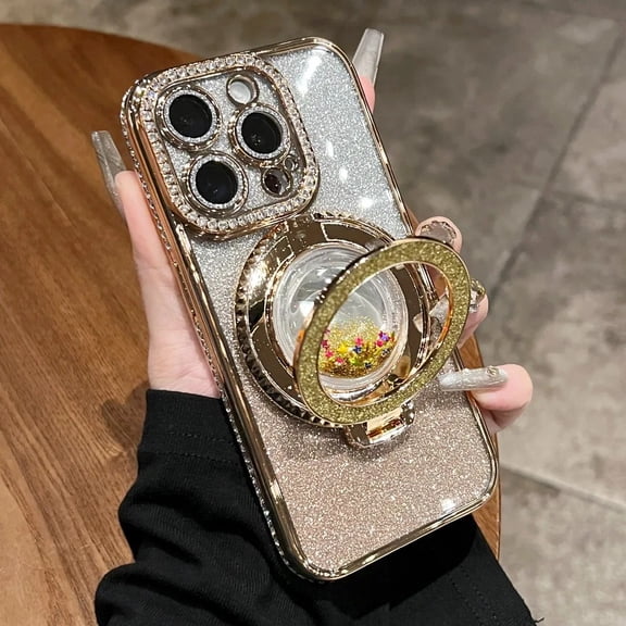 Luxury Glitter Quicksand iPhone 15 Case with Diamond Design MagSafe Stand Holder & Lens Protection Shockproof & Lightweight. comes with free shipping and Gift.
