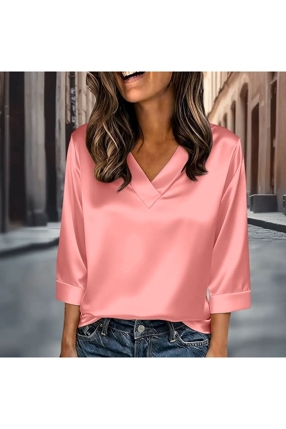 Luxury Glossy Satin Blouses for Women Fashion Casual Loose Spring Summer Satin Three-Quarter Sleeve 3/4 Sleeve V-Neck Solid Color Pullover Top Women's Elegant Dressy Shirts for Office Daily