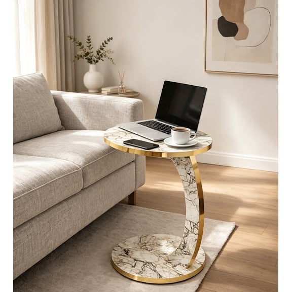 Luxury Gold C-Shaped Side Table with Wheels Faux Marble Top, Slide Under Couch, White Marble, for Living Room, Small Spaces