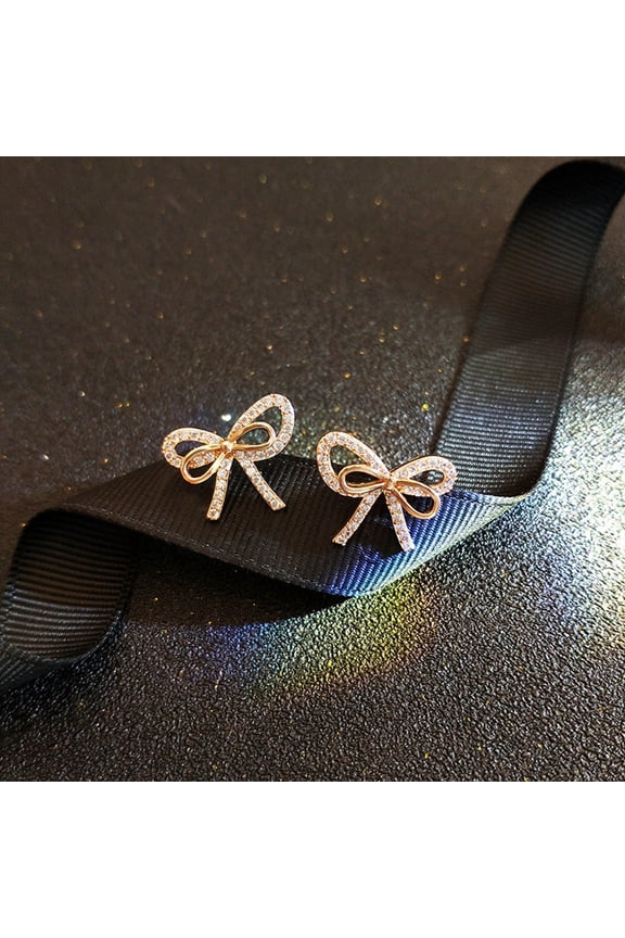 Luxury Gold Color Bow Stud Earrings Inlaid Crystal Cubic Zirconia Fancy Women's Earrings Daily Wear Chic Accessories