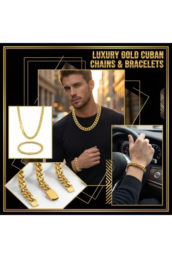 Luxury Gold Cuban Chain Necklace Set For Men, Featuring A 19.69 Inch Stainless Steel Cuban Link Chain With Push-Lock Clasp, Perfect For Hip Hop Parties, Daily Wear, And Father's Day Gifts
