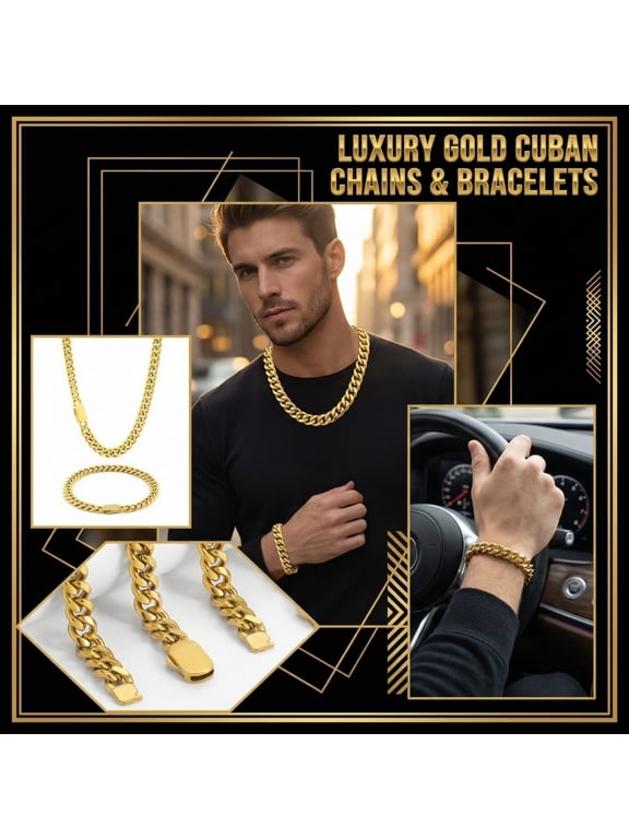 Luxury Gold Cuban Chain Necklace Set For Men, Featuring A 19.69 Inch Stainless Steel Cuban Link Chain With Push-Lock Clasp, Perfect For Hip Hop Parties, Daily Wear, And Father's Day Gifts