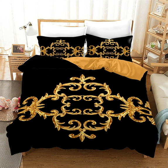 Luxury Gold Floral Duvet Cover Bohemian Leaves Microfiber Exotic Geometric King for Children Adult for Bedroom ration